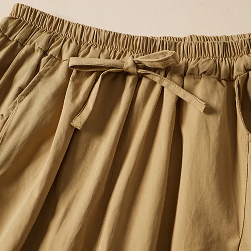 Buddha Stones Casual Solid Color Wrinkle Design Drawstring Cotton Women's Shorts With Pockets