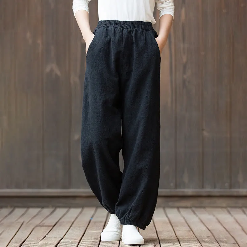 Buddha Stones Casual Solid Plain Color Carrot Elastic Waistband Cotton Ramie Women's Pants With Pockets