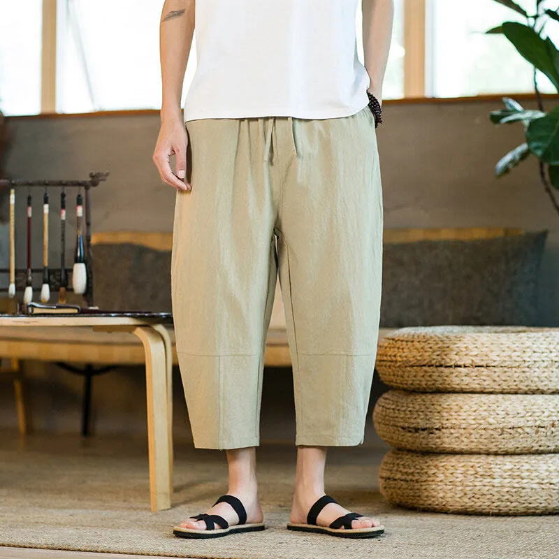 Buddha Stones Simple Design Drawstring Cotton Linen Men's Solid Color Harem Pants With Pockets