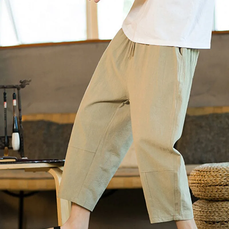Buddha Stones Simple Design Drawstring Cotton Linen Men's Solid Color Harem Pants With Pockets