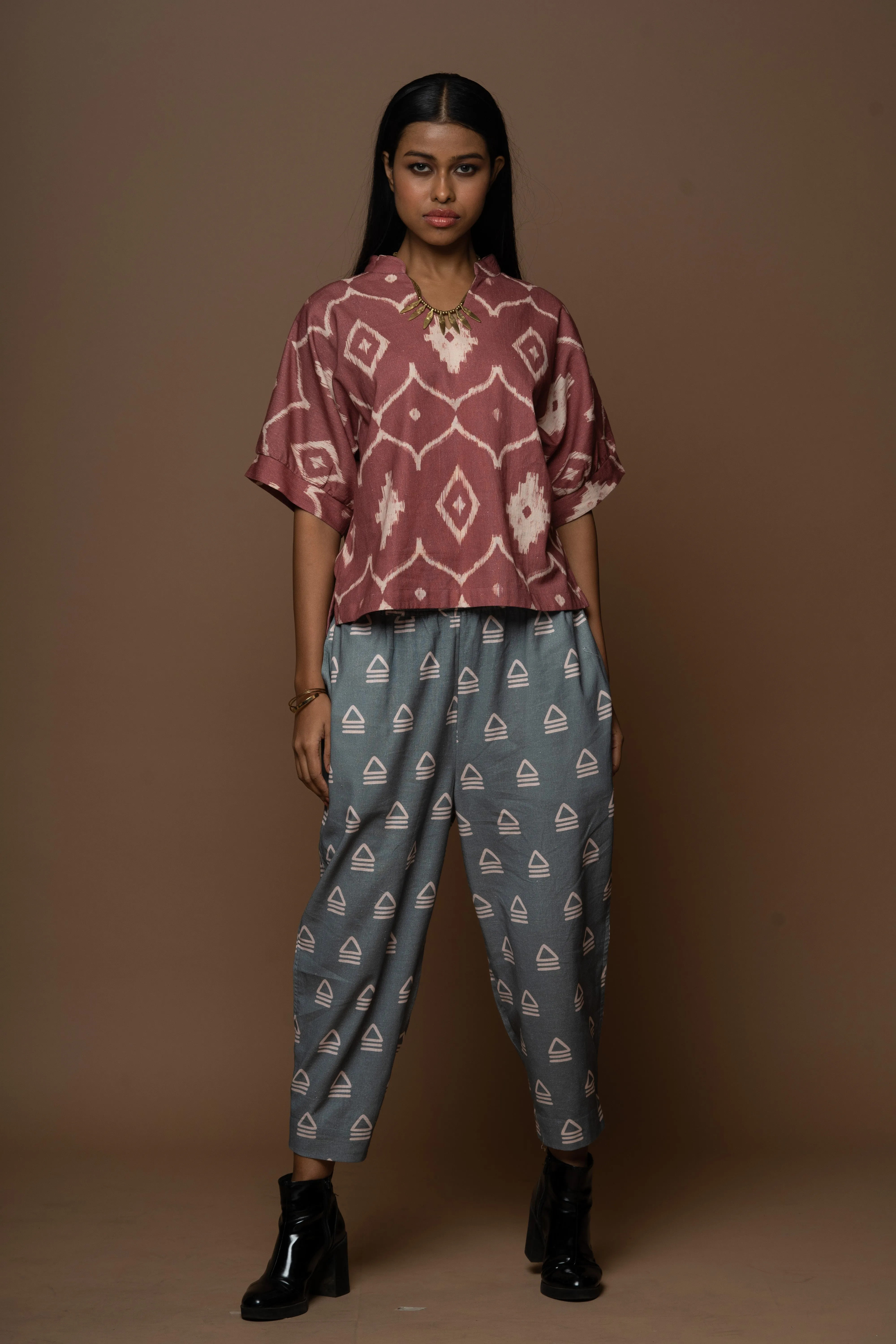 Buttoned Hem Pants in Leading Together Pattern