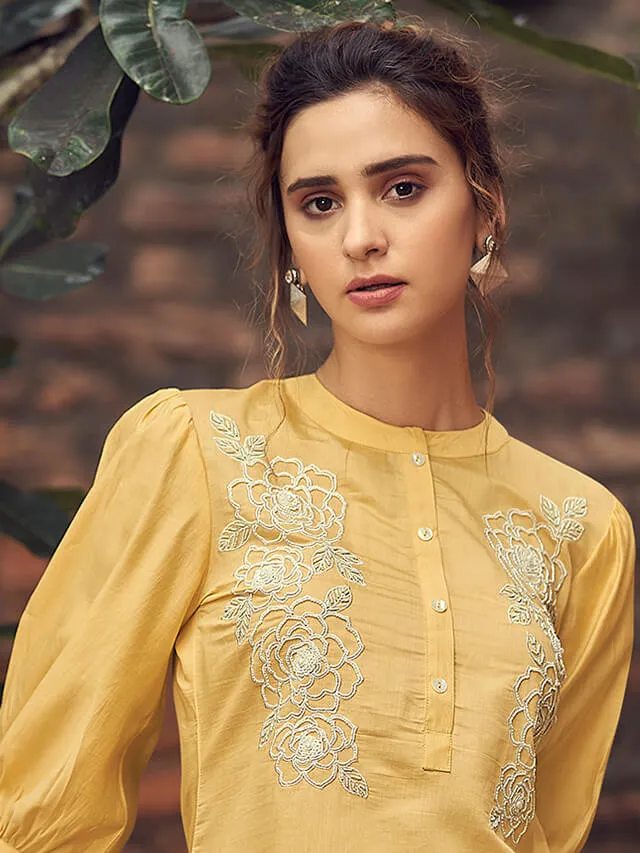 Chanderi silk co-ord set with yellow top and white pants