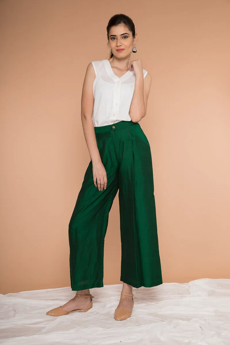 Co-ordinate Set- White Cotton Shirt with Front Pleated Straight Pants in Hand Loom Cotton (Set of 2)