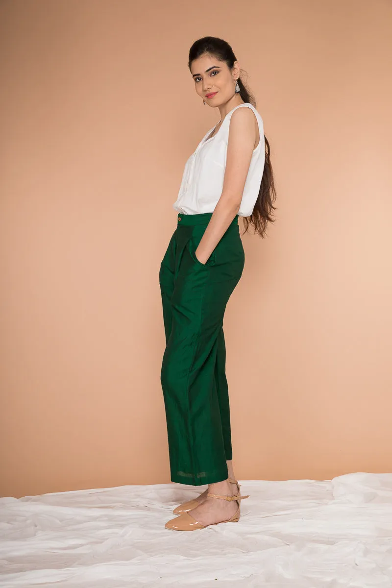 Co-ordinate Set- White Cotton Shirt with Front Pleated Straight Pants in Hand Loom Cotton (Set of 2)