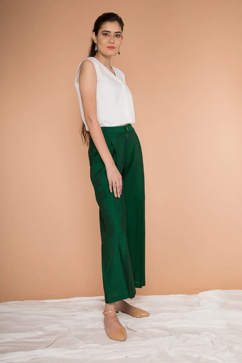 Co-ordinate Set- White Cotton Shirt with Front Pleated Straight Pants in Hand Loom Cotton (Set of 2)