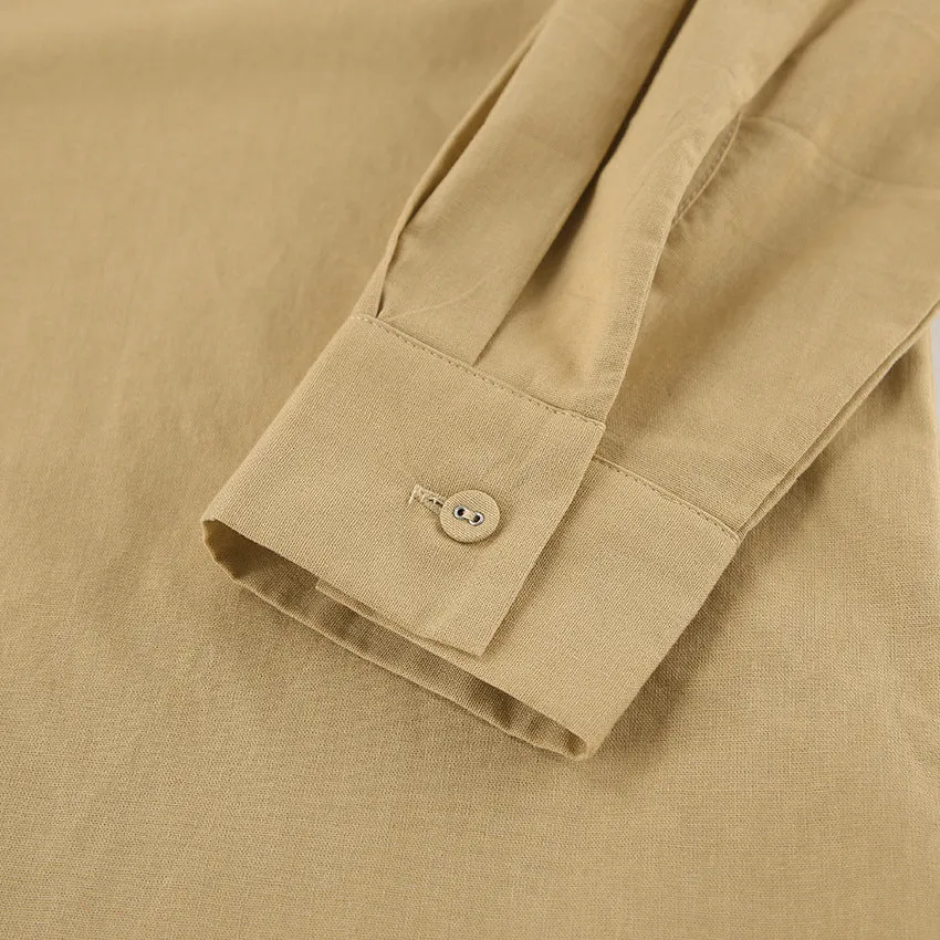 Cotton Linen Lazy Collared Khaki Long Sleeve Pants Casual Set