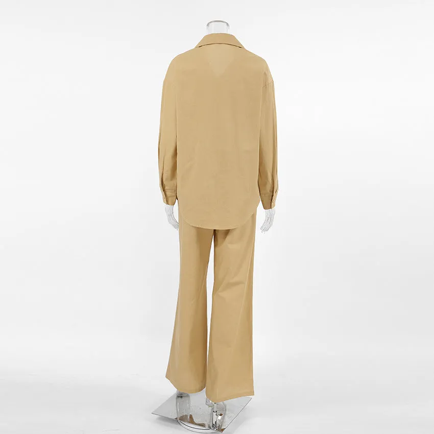 Cotton Linen Lazy Collared Khaki Long Sleeve Pants Casual Set