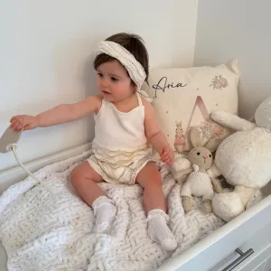 Cream Crochet With Glitter Detailing Top & Shorts Set With Matching Headband - Selina