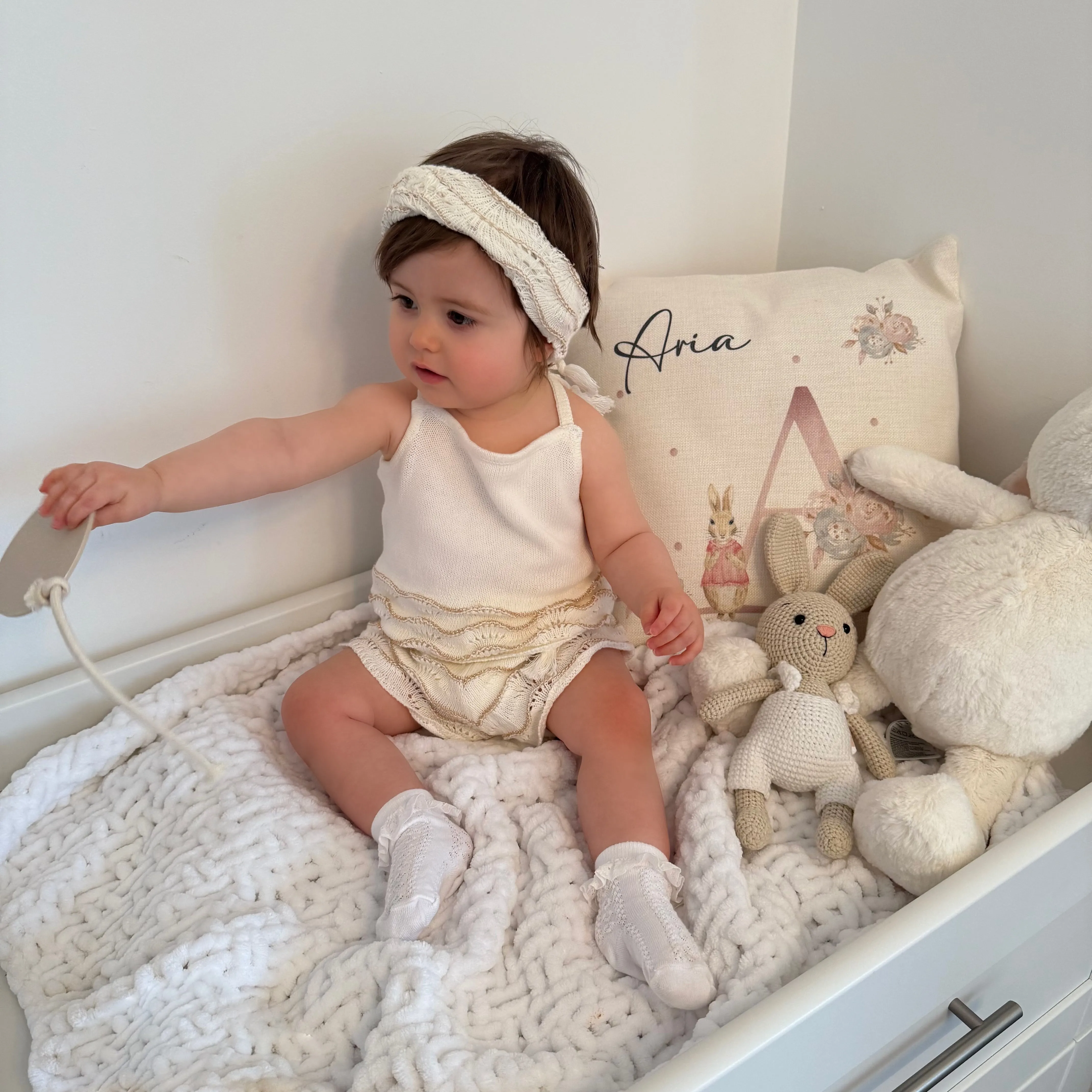 Cream Crochet With Glitter Detailing Top & Shorts Set With Matching Headband - Selina