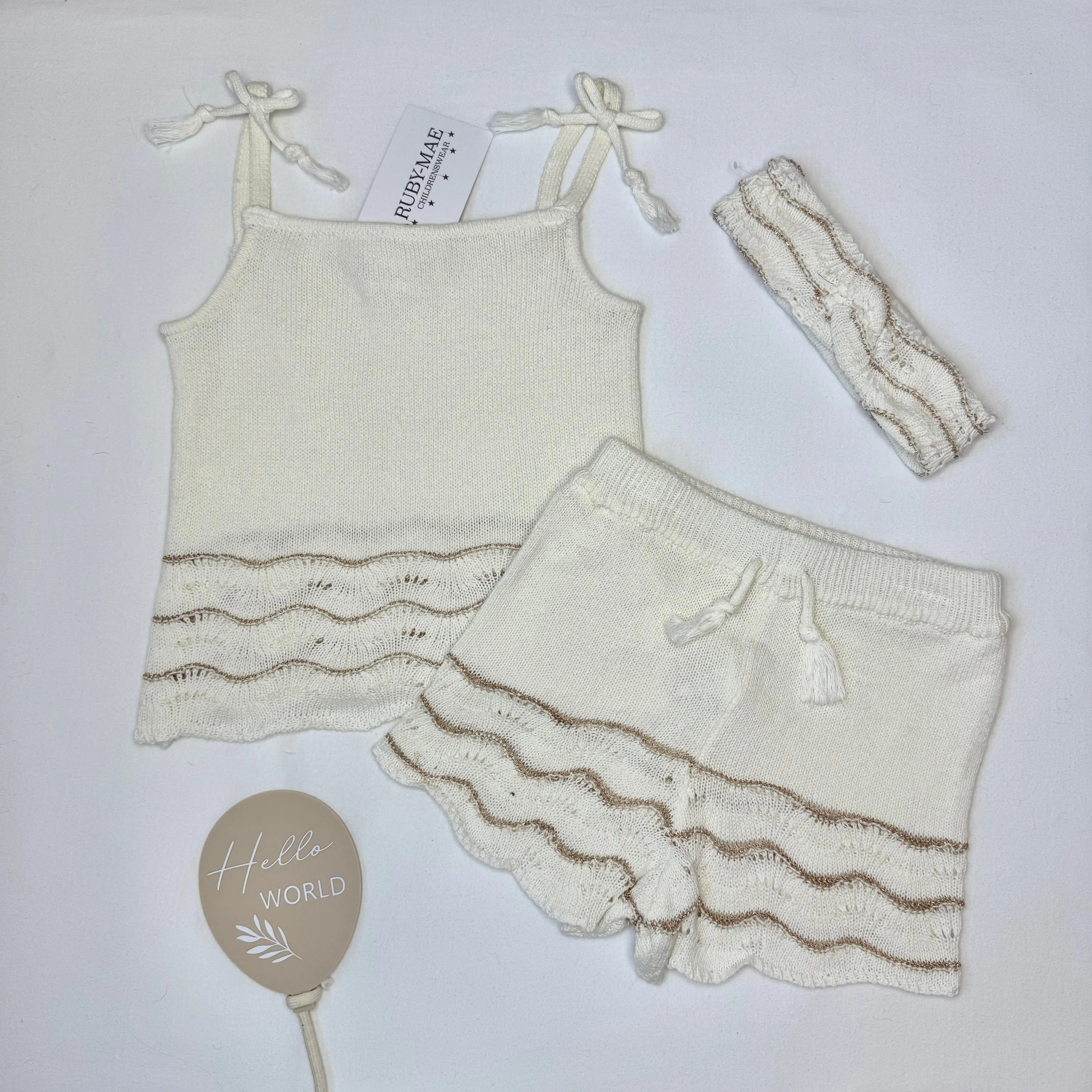 Cream Crochet With Glitter Detailing Top & Shorts Set With Matching Headband - Selina