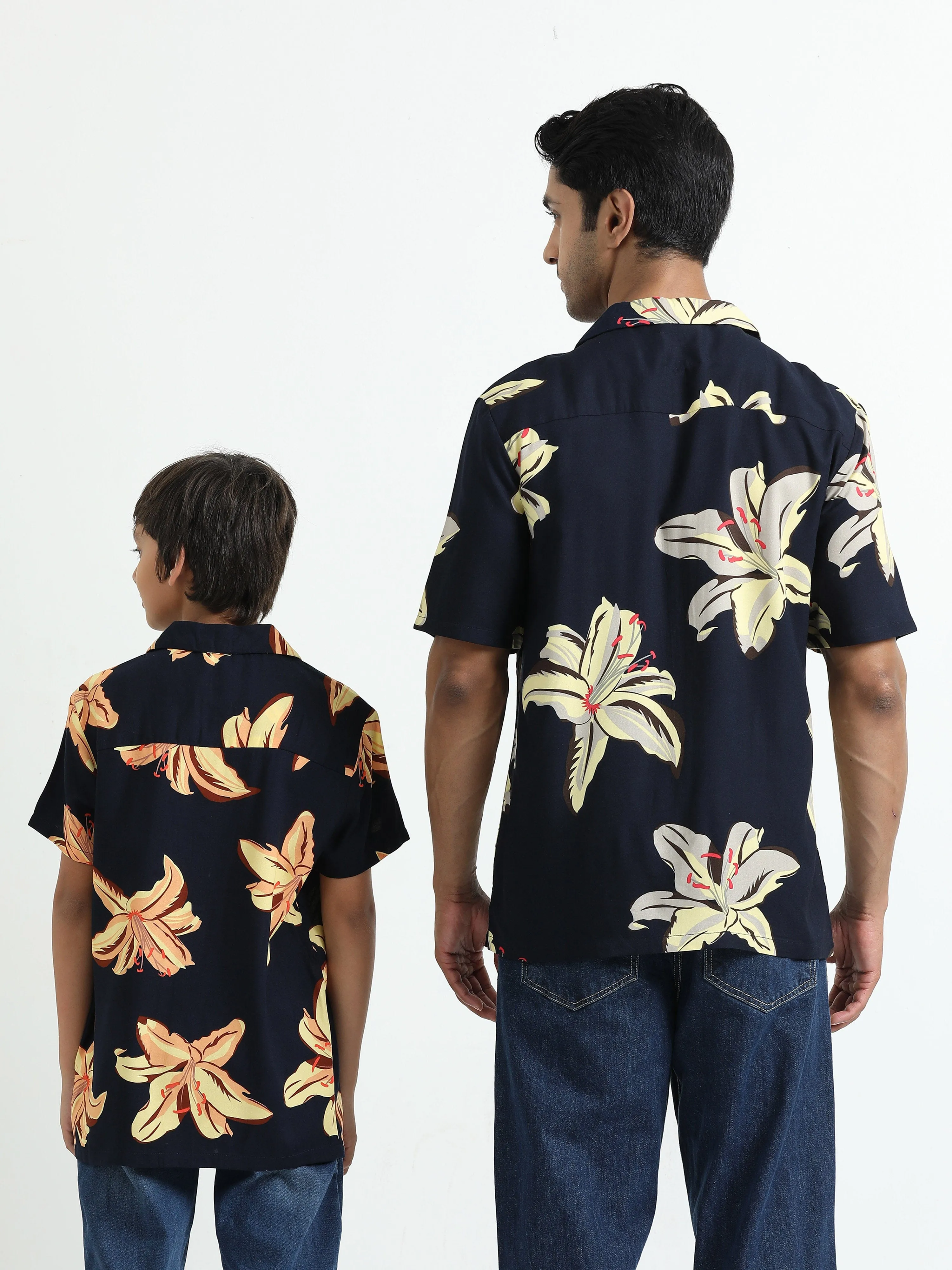Dad & Son Floral Printed Twinning Shirt Navy Blue