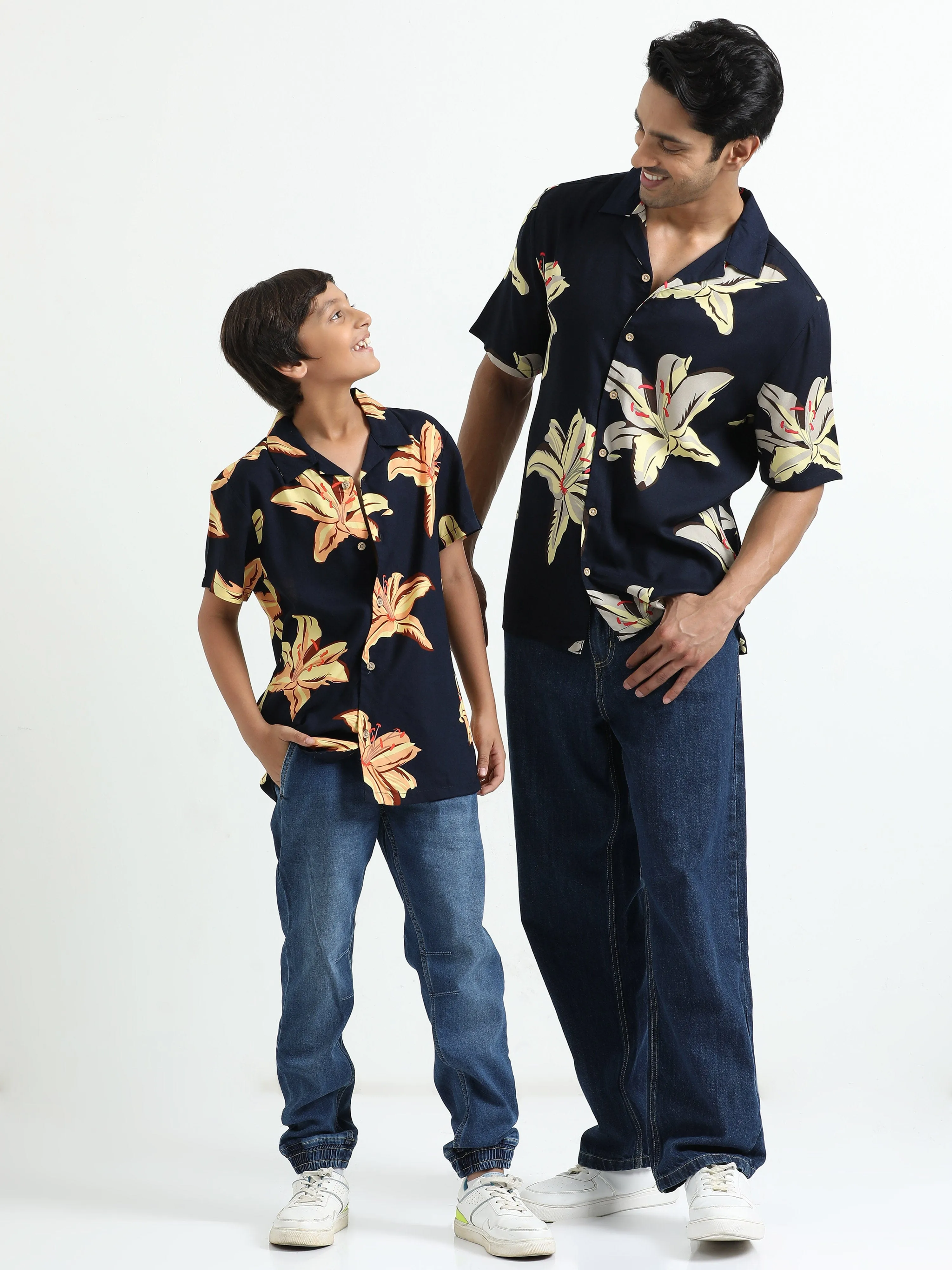 Dad & Son Floral Printed Twinning Shirt Navy Blue