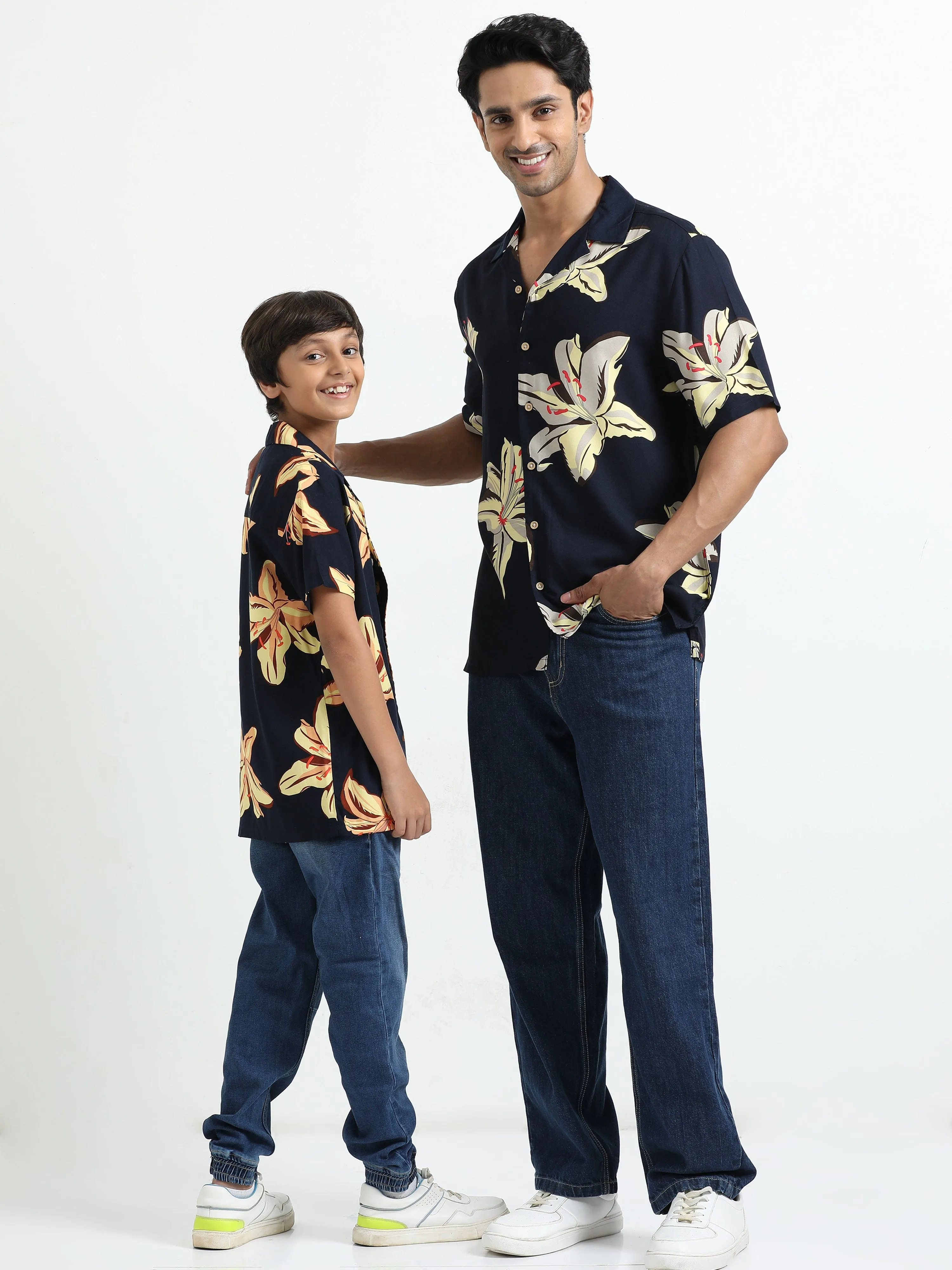 Dad & Son Floral Printed Twinning Shirt Navy Blue