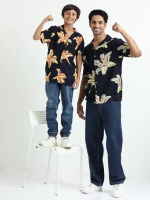 Dad & Son Floral Printed Twinning Shirt Navy Blue