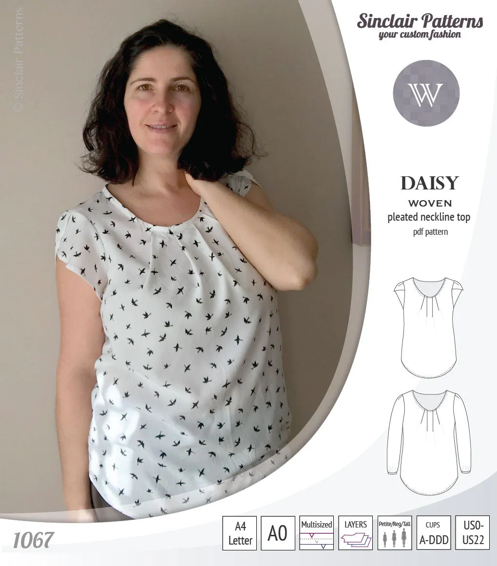 Daisy woven blouse with pleated neckline and petal/long sleeves (PDF)