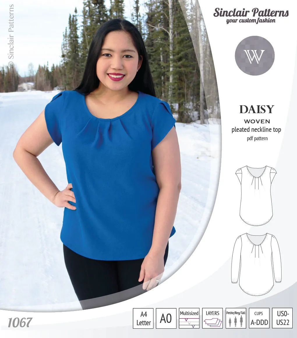Daisy woven blouse with pleated neckline and petal/long sleeves (PDF)