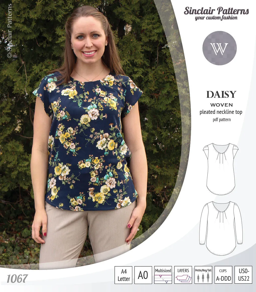 Daisy woven blouse with pleated neckline and petal/long sleeves (PDF)
