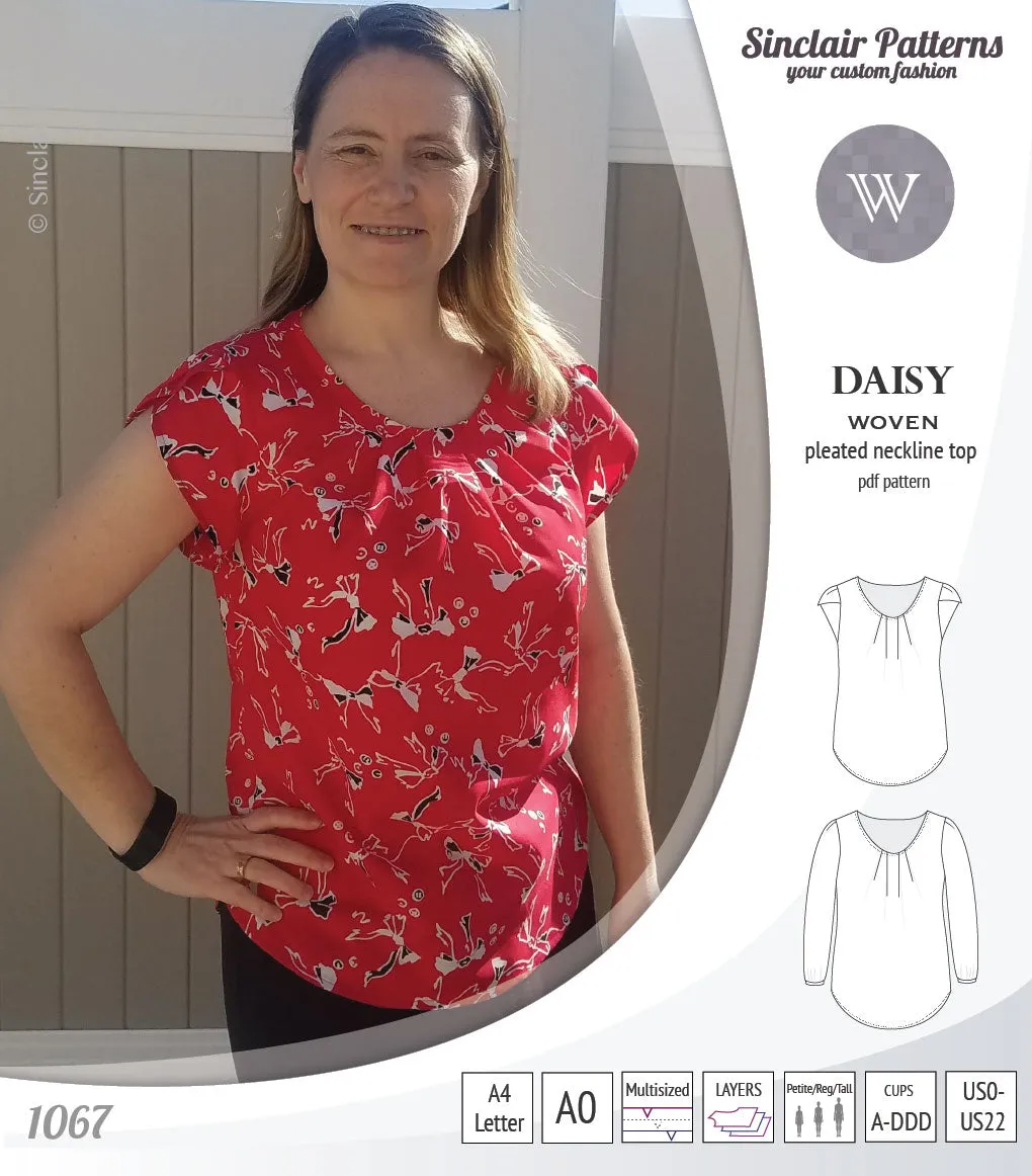 Daisy woven blouse with pleated neckline and petal/long sleeves (PDF)