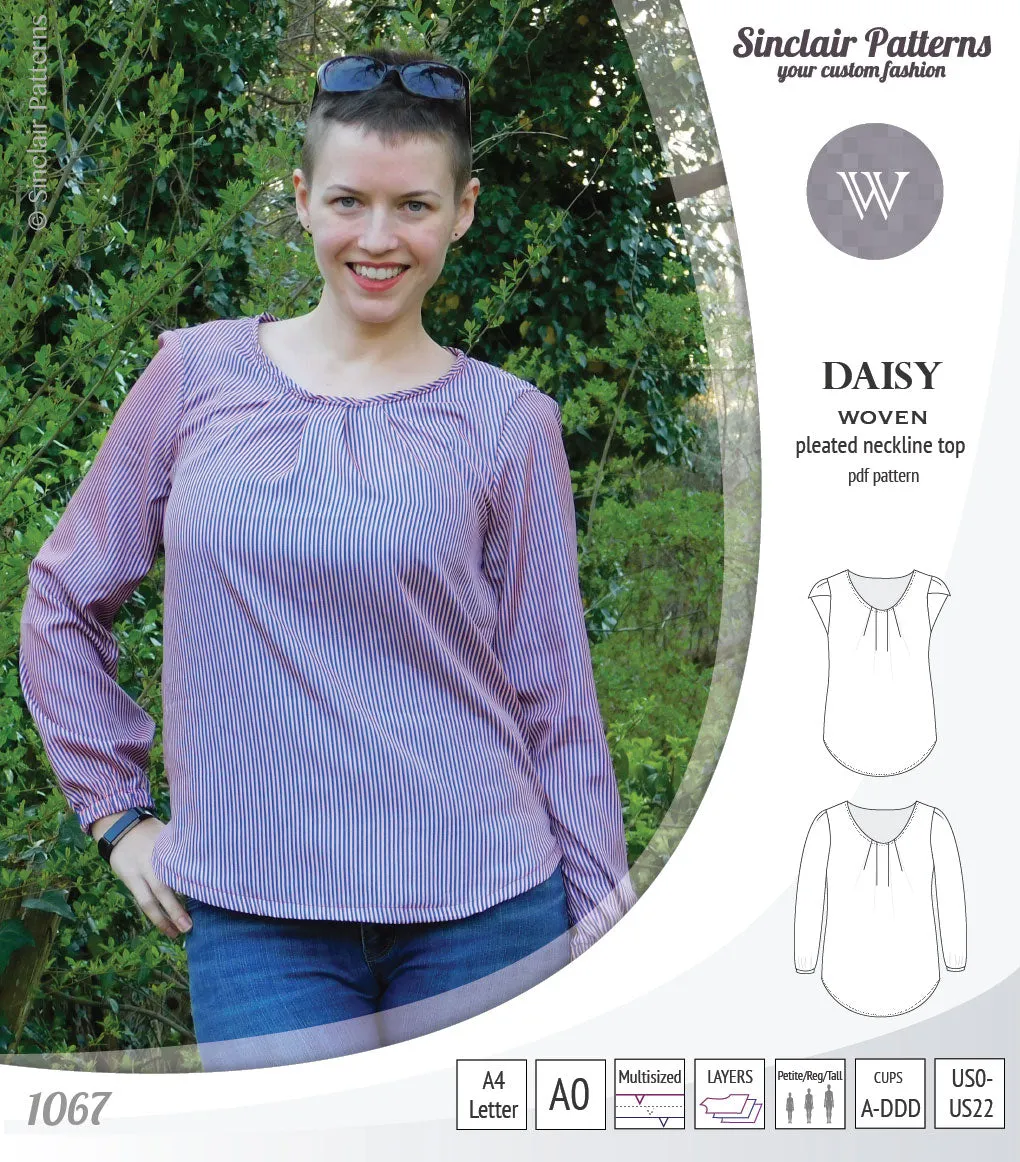 Daisy woven blouse with pleated neckline and petal/long sleeves (PDF)