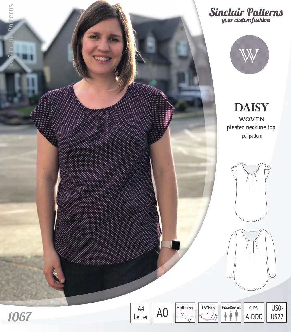 Daisy woven blouse with pleated neckline and petal/long sleeves (PDF)