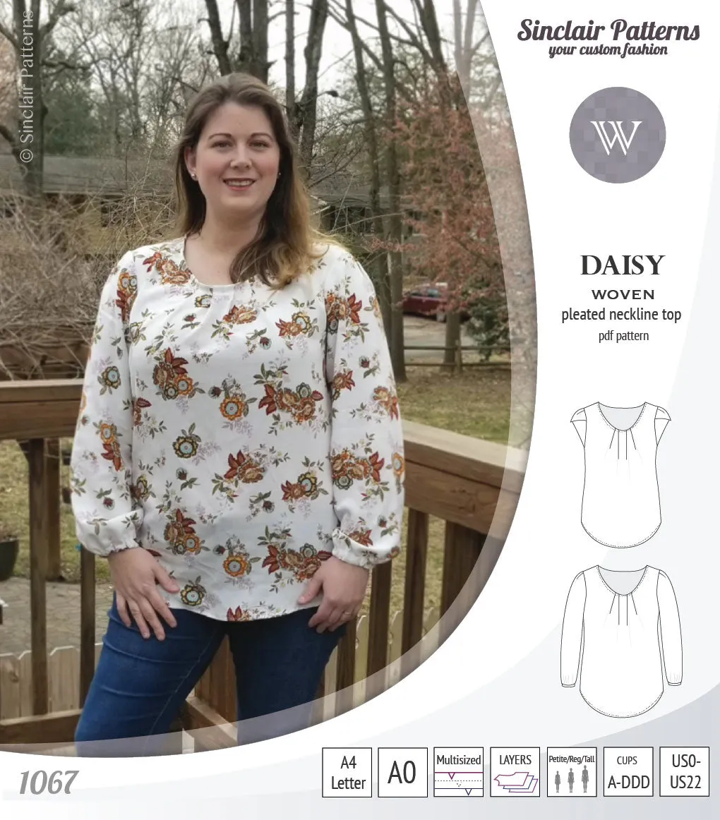 Daisy woven blouse with pleated neckline and petal/long sleeves (PDF)