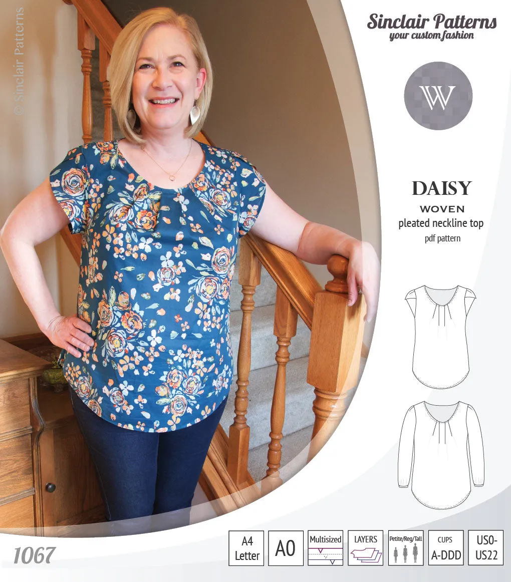Daisy woven blouse with pleated neckline and petal/long sleeves (PDF)