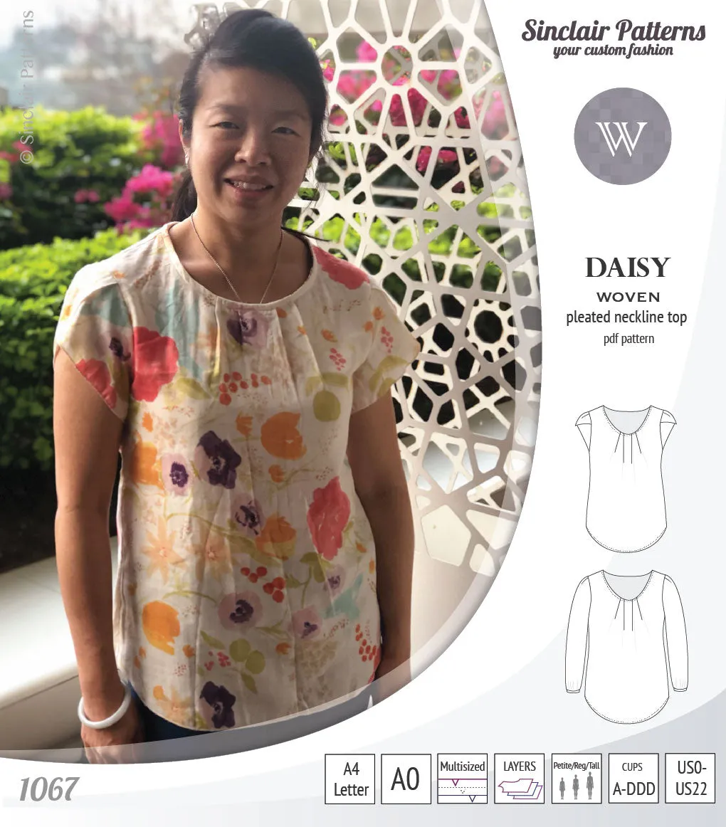 Daisy woven blouse with pleated neckline and petal/long sleeves (PDF)