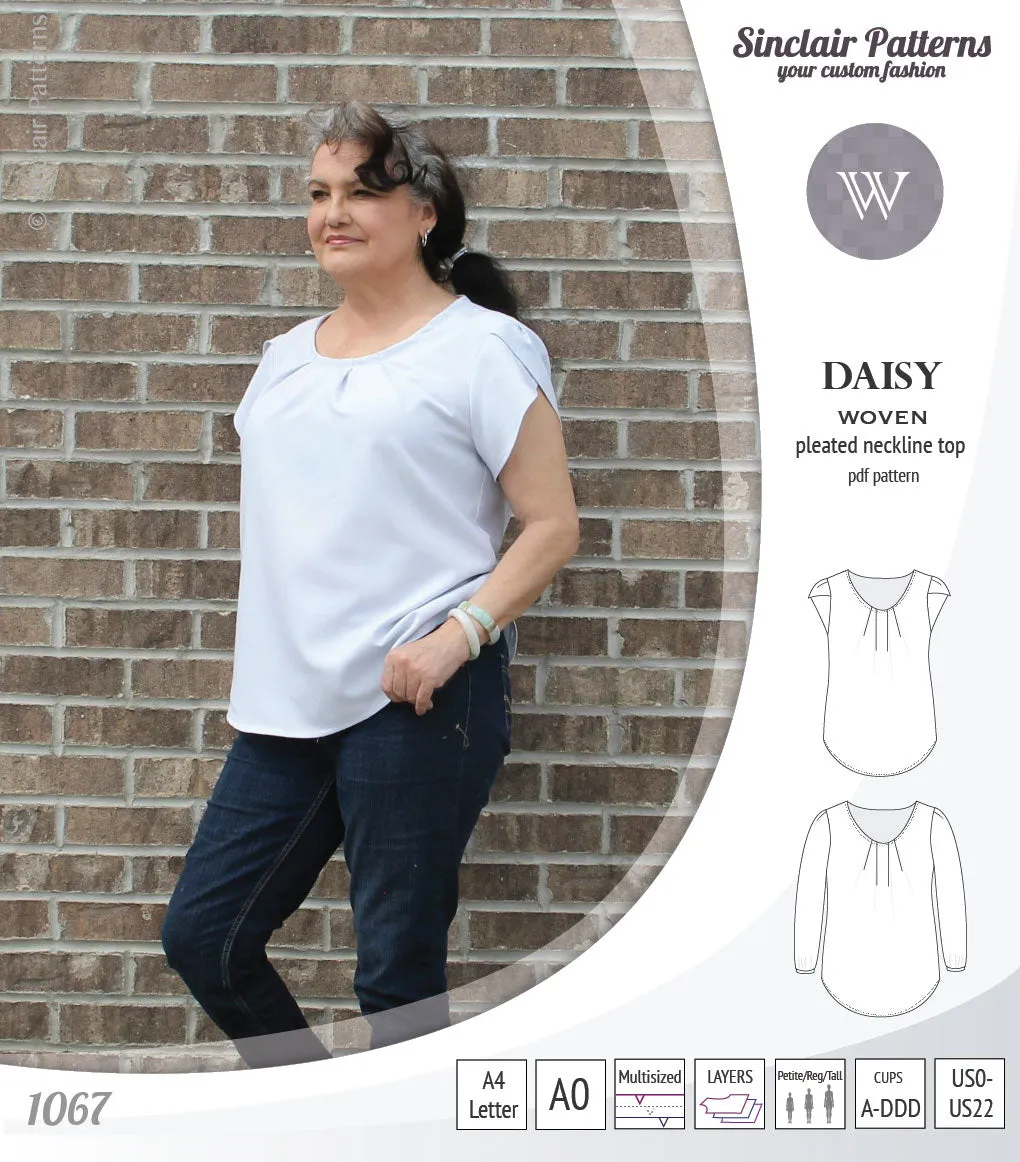 Daisy woven blouse with pleated neckline and petal/long sleeves (PDF)