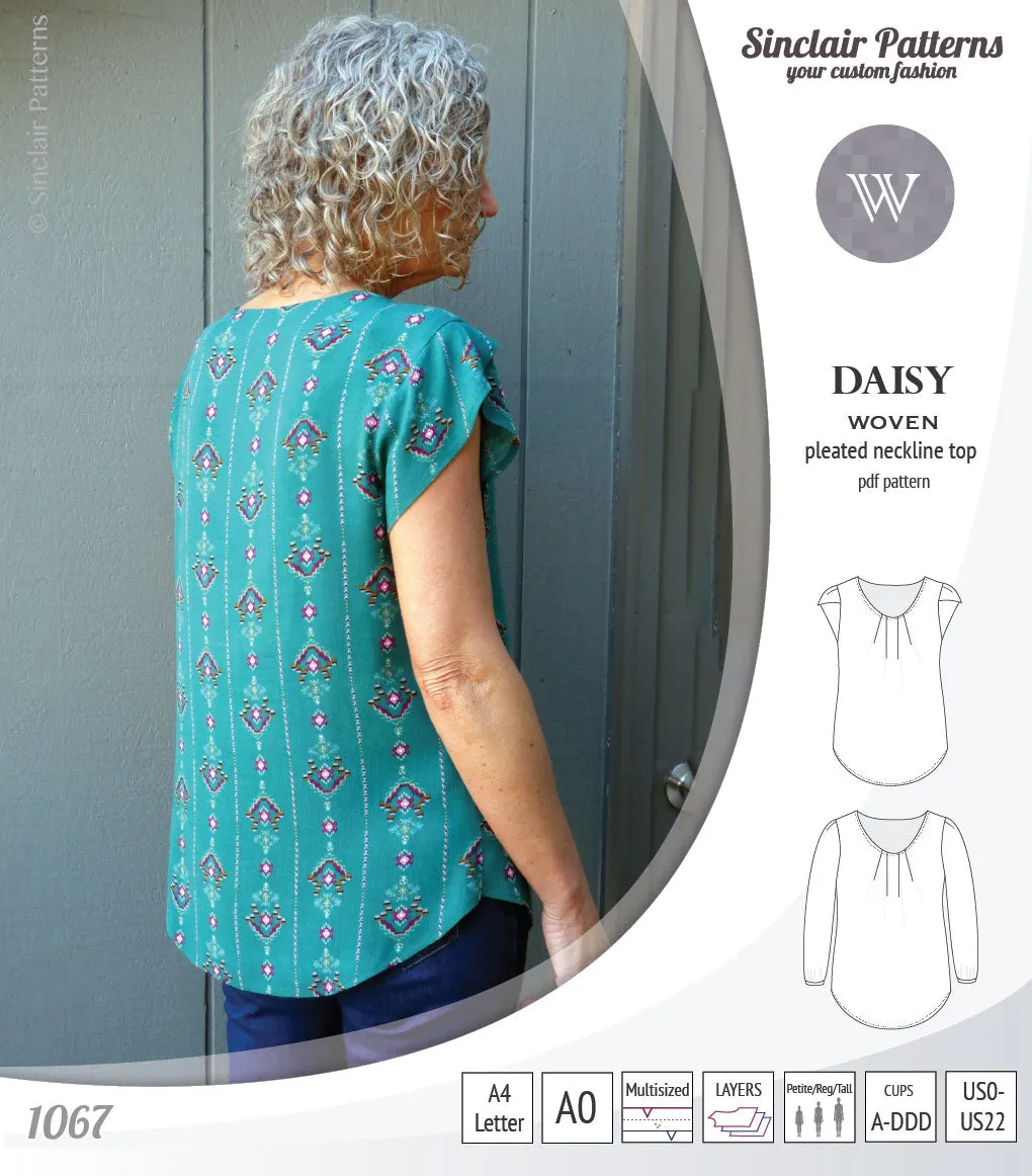 Daisy woven blouse with pleated neckline and petal/long sleeves (PDF)