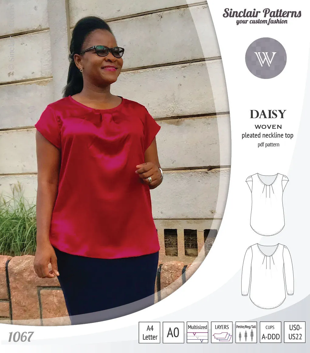 Daisy woven blouse with pleated neckline and petal/long sleeves (PDF)