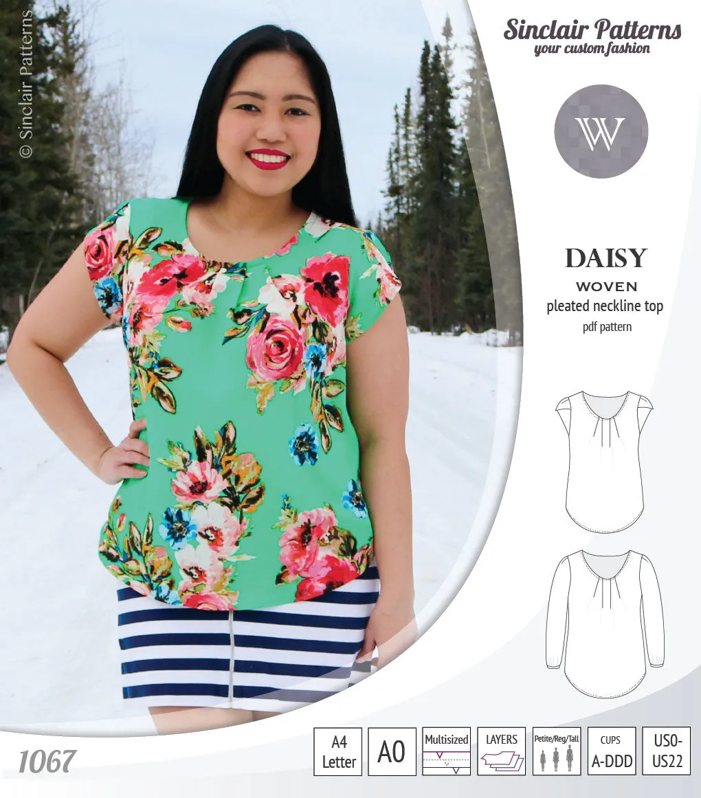 Daisy woven blouse with pleated neckline and petal/long sleeves (PDF)
