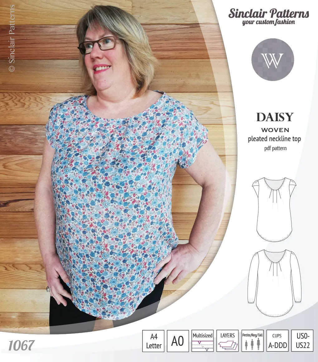 Daisy woven blouse with pleated neckline and petal/long sleeves (PDF)