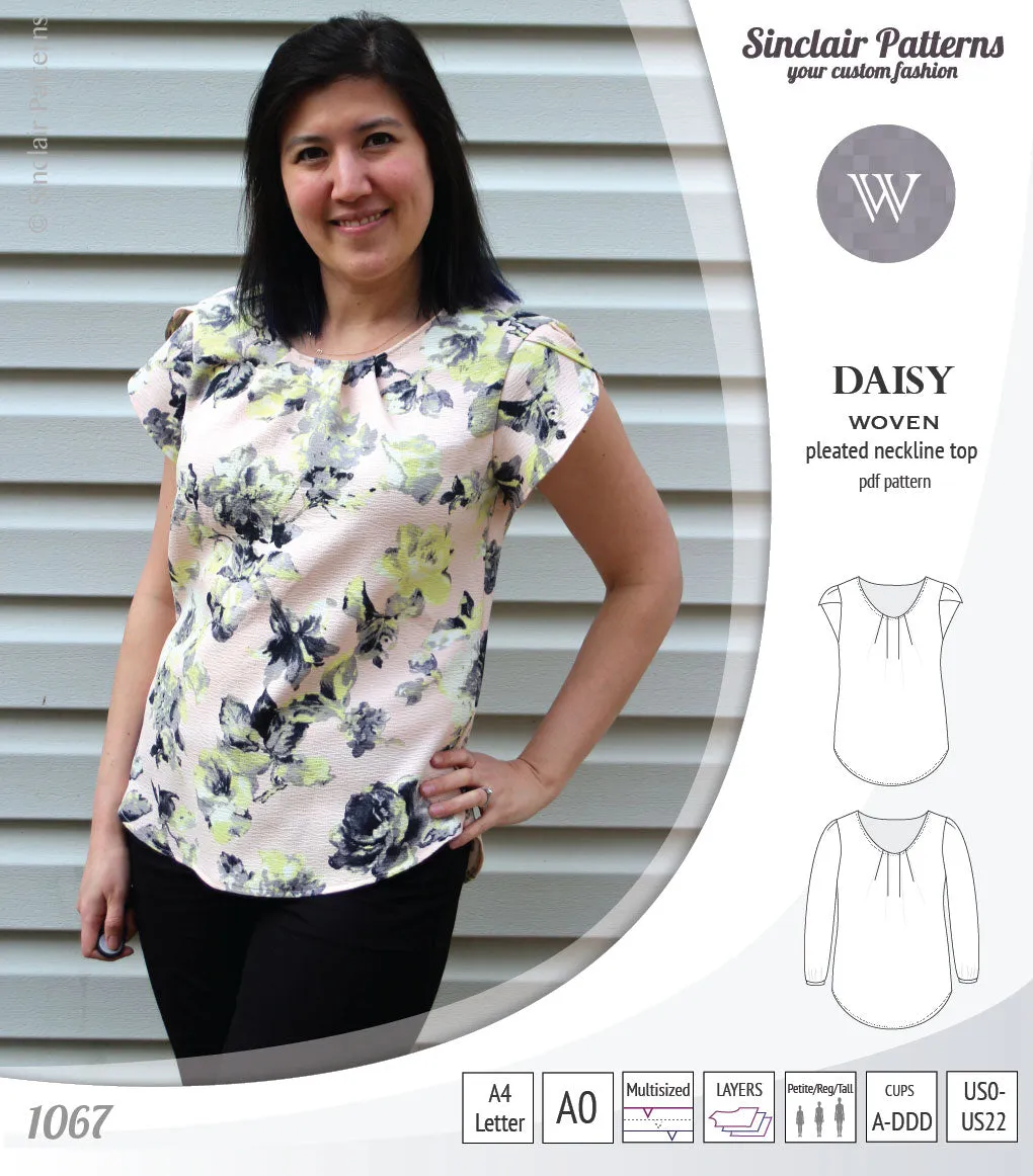 Daisy woven blouse with pleated neckline and petal/long sleeves (PDF)