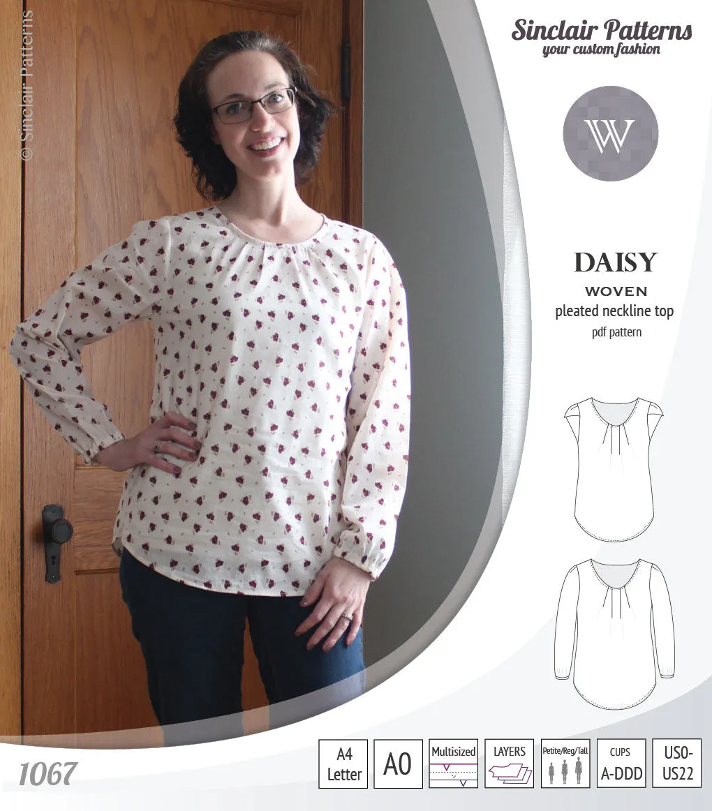 Daisy woven blouse with pleated neckline and petal/long sleeves (PDF)