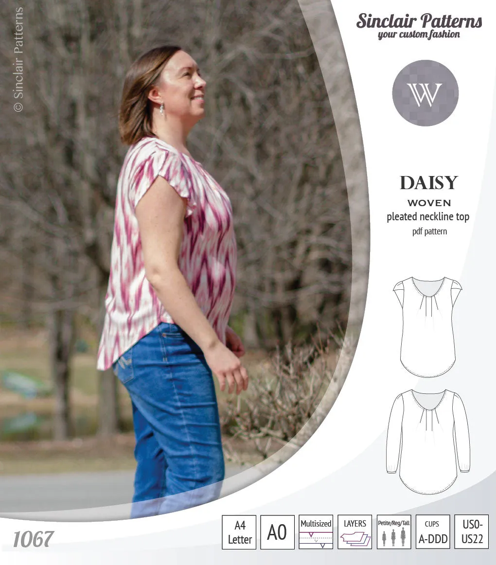 Daisy woven blouse with pleated neckline and petal/long sleeves (PDF)