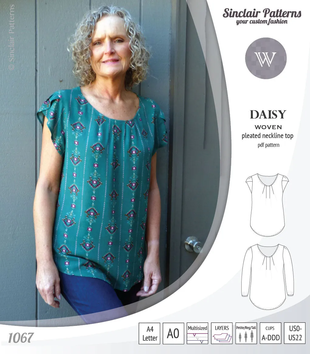 Daisy woven blouse with pleated neckline and petal/long sleeves (PDF)
