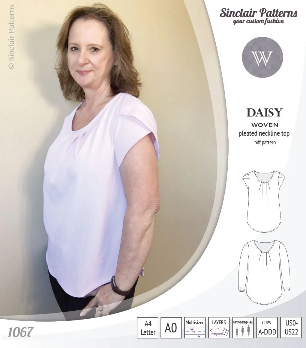 Daisy woven blouse with pleated neckline and petal/long sleeves (PDF)