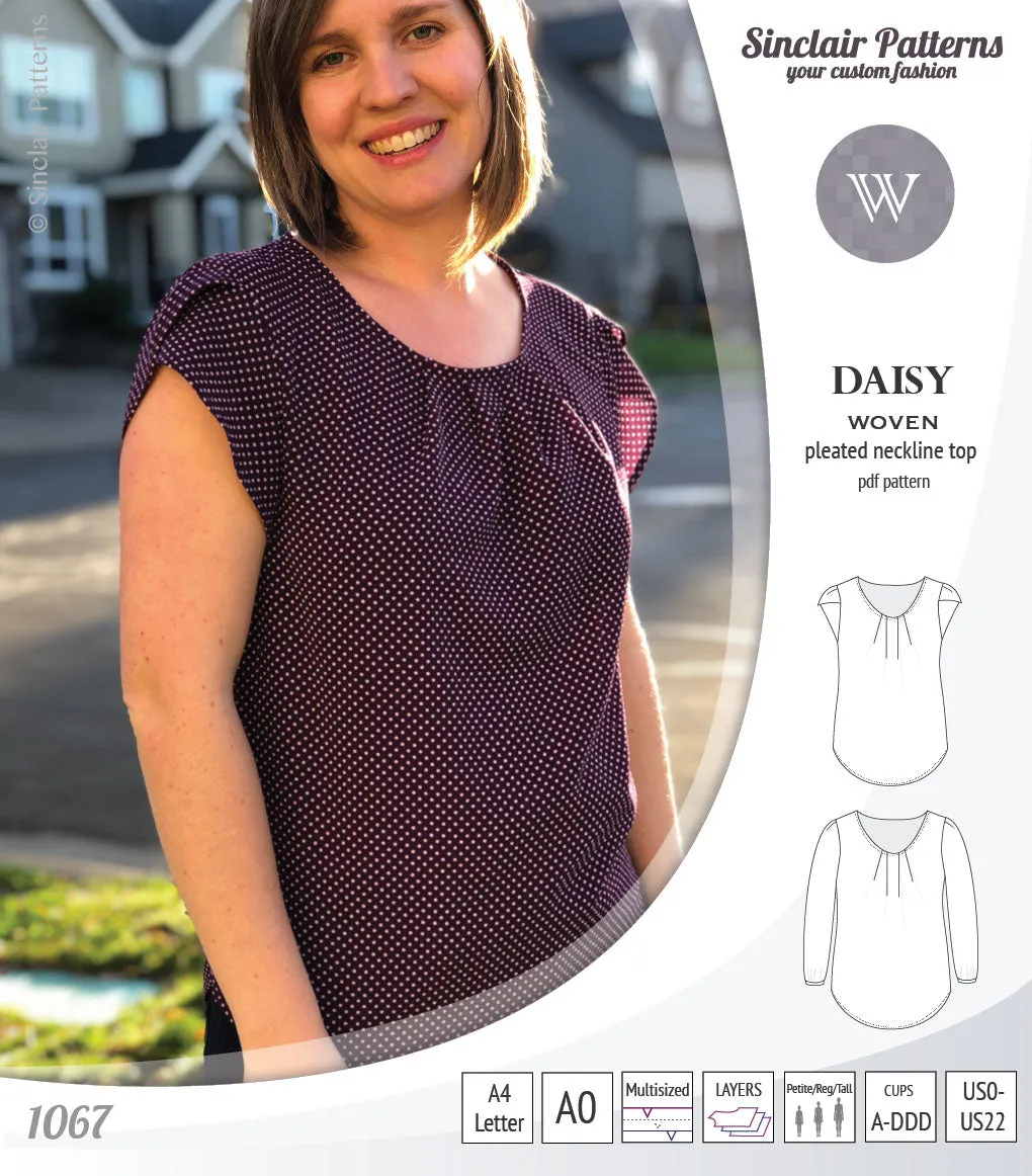 Daisy woven blouse with pleated neckline and petal/long sleeves (PDF)