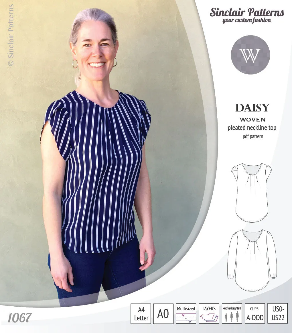 Daisy woven blouse with pleated neckline and petal/long sleeves (PDF)