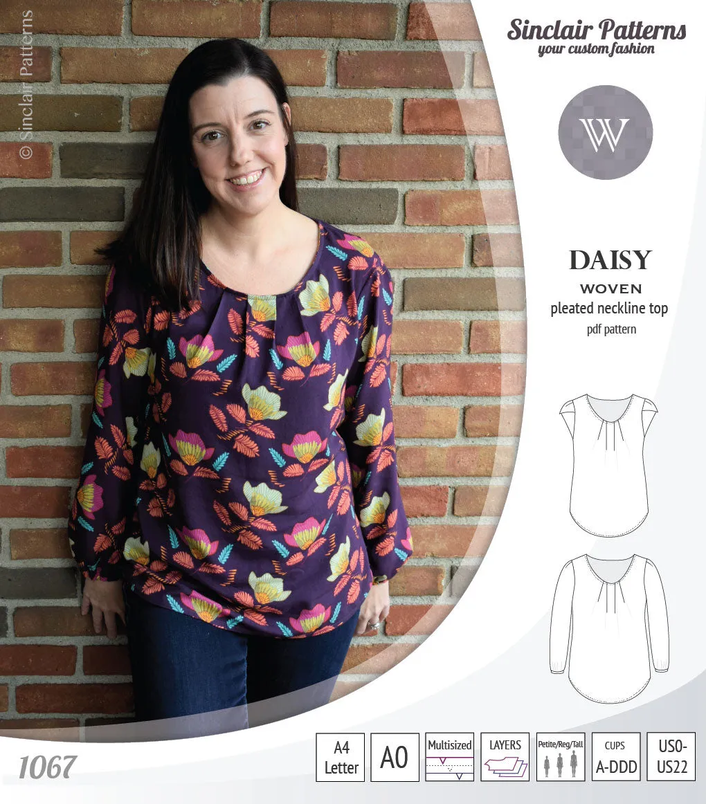 Daisy woven blouse with pleated neckline and petal/long sleeves (PDF)