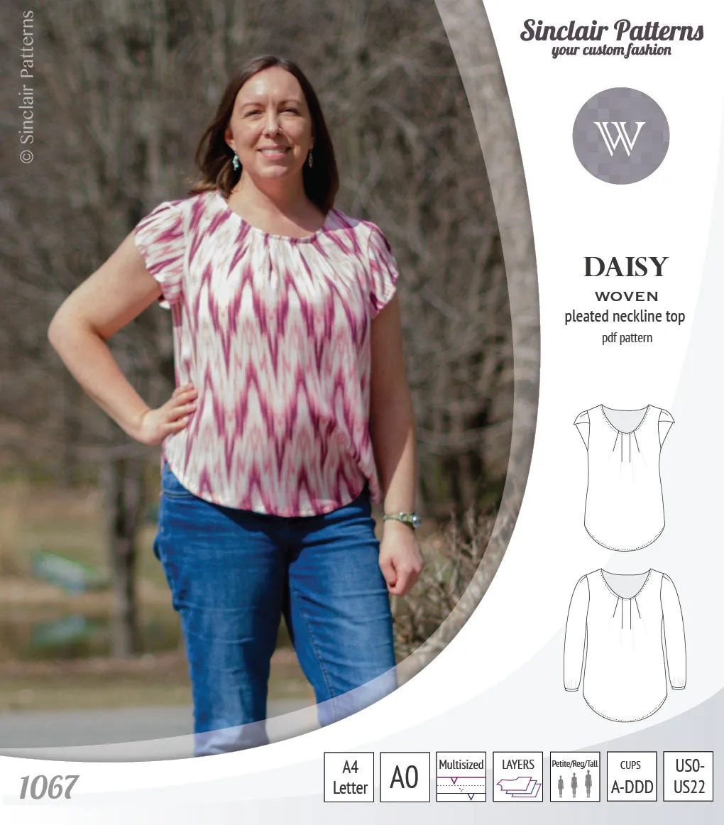 Daisy woven blouse with pleated neckline and petal/long sleeves (PDF)