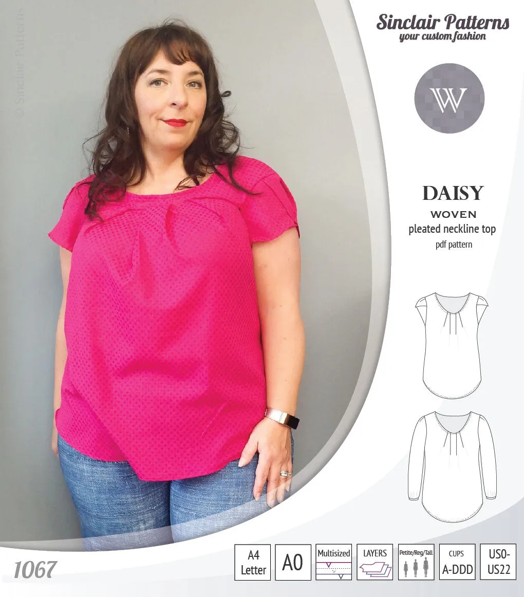 Daisy woven blouse with pleated neckline and petal/long sleeves (PDF)