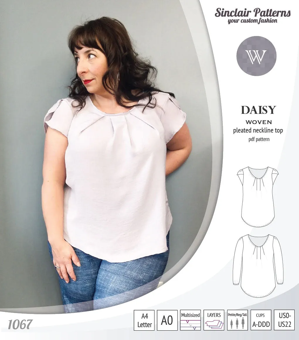 Daisy woven blouse with pleated neckline and petal/long sleeves (PDF)