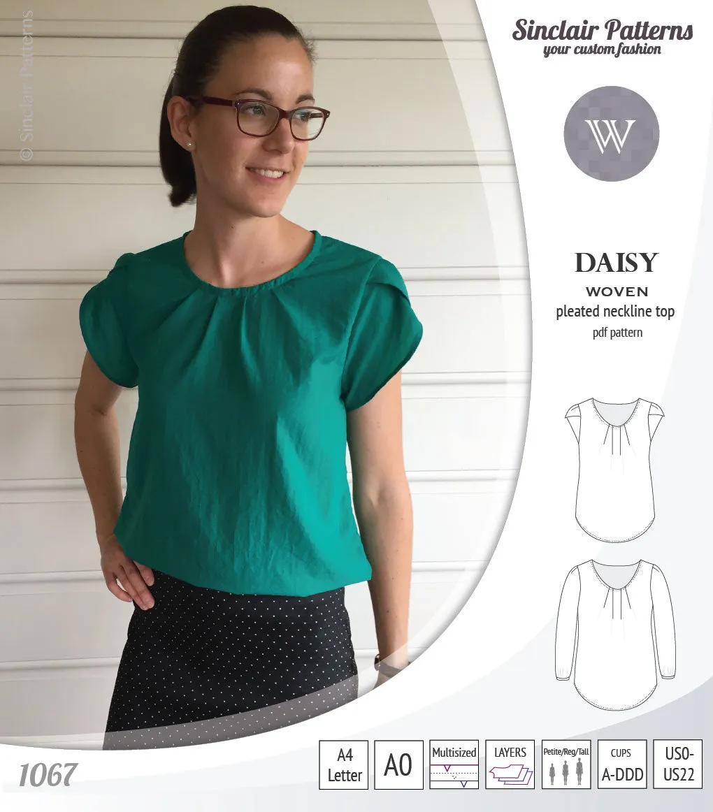 Daisy woven blouse with pleated neckline and petal/long sleeves (PDF)