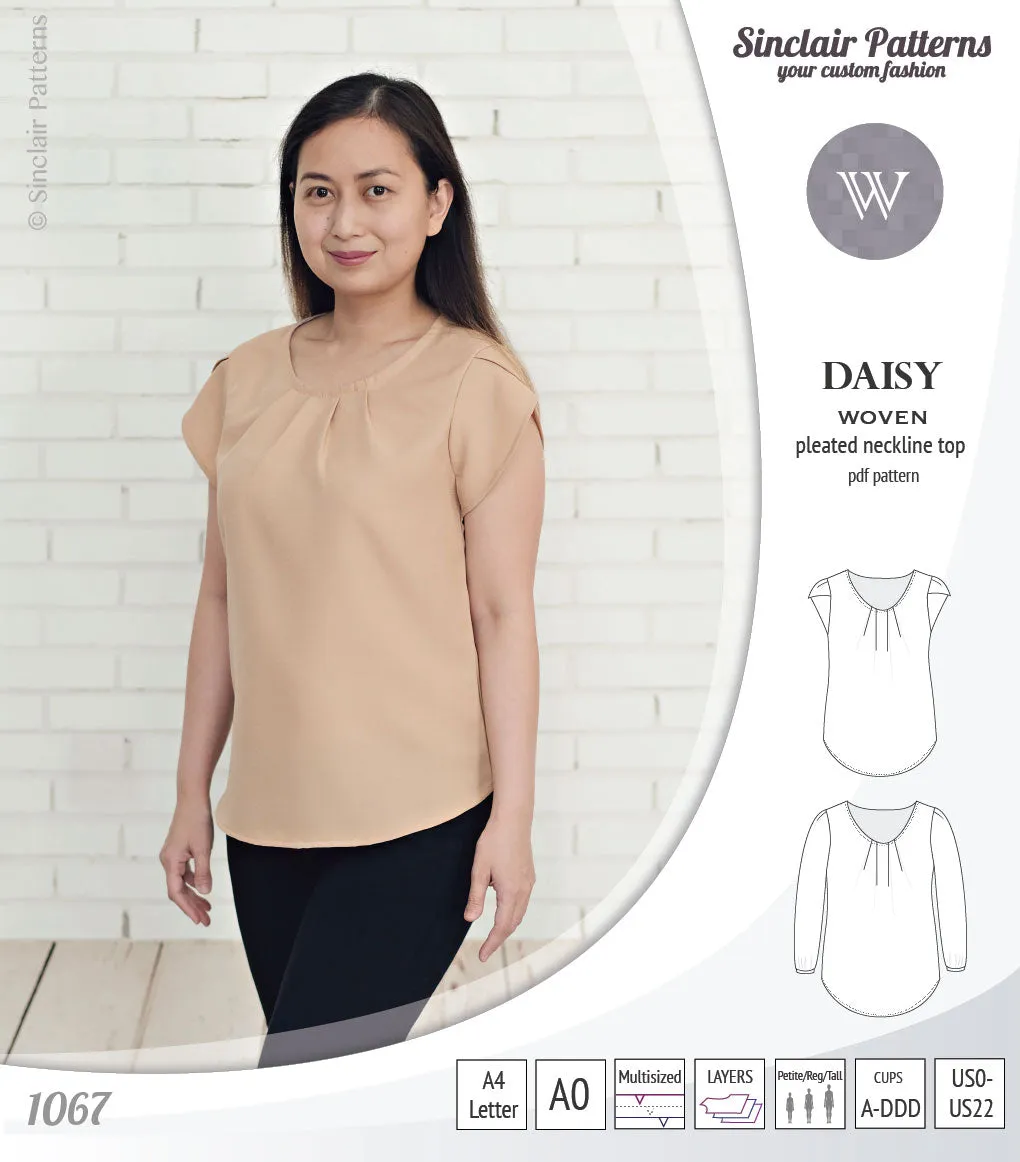 Daisy woven blouse with pleated neckline and petal/long sleeves (PDF)