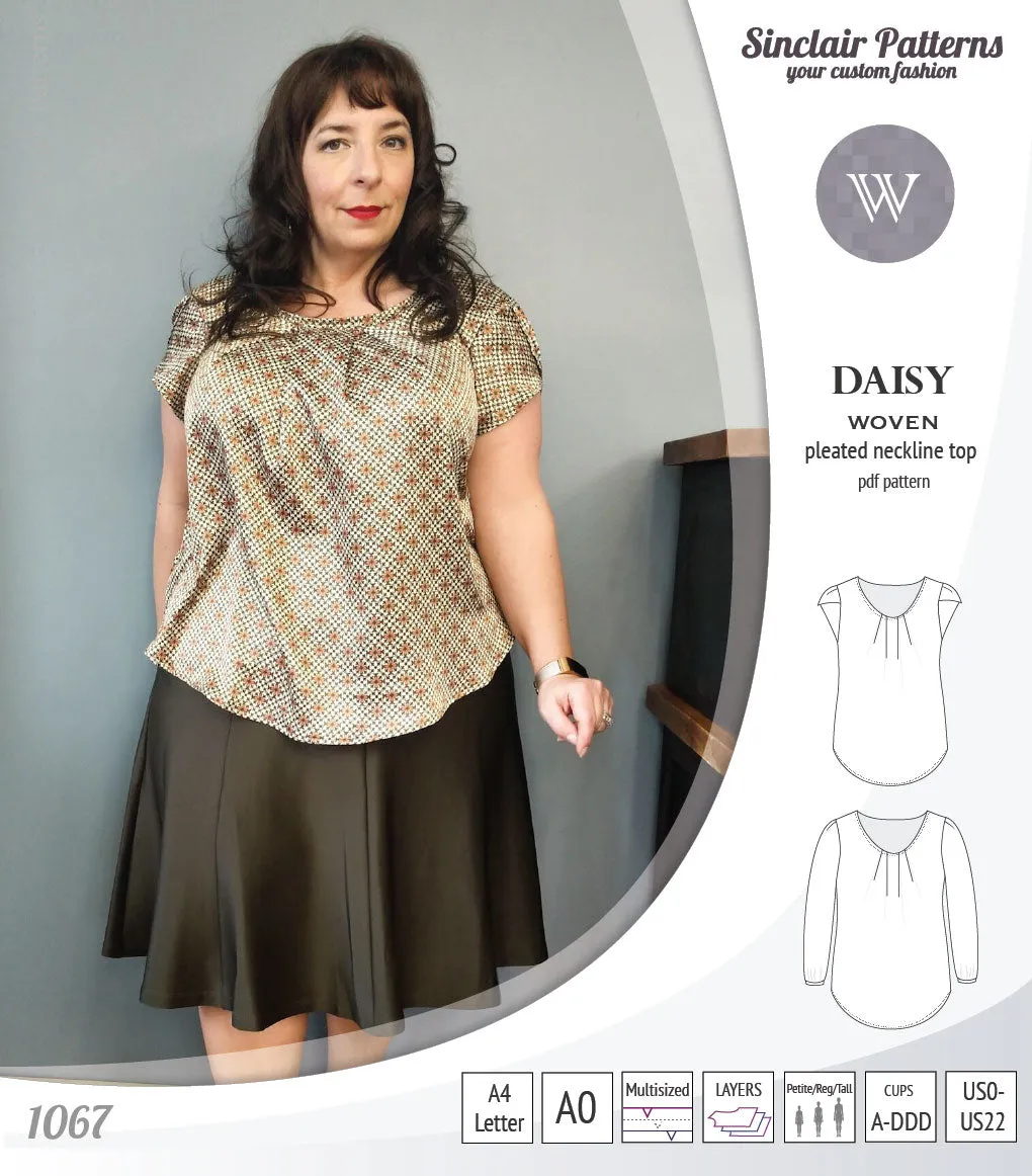 Daisy woven blouse with pleated neckline and petal/long sleeves (PDF)