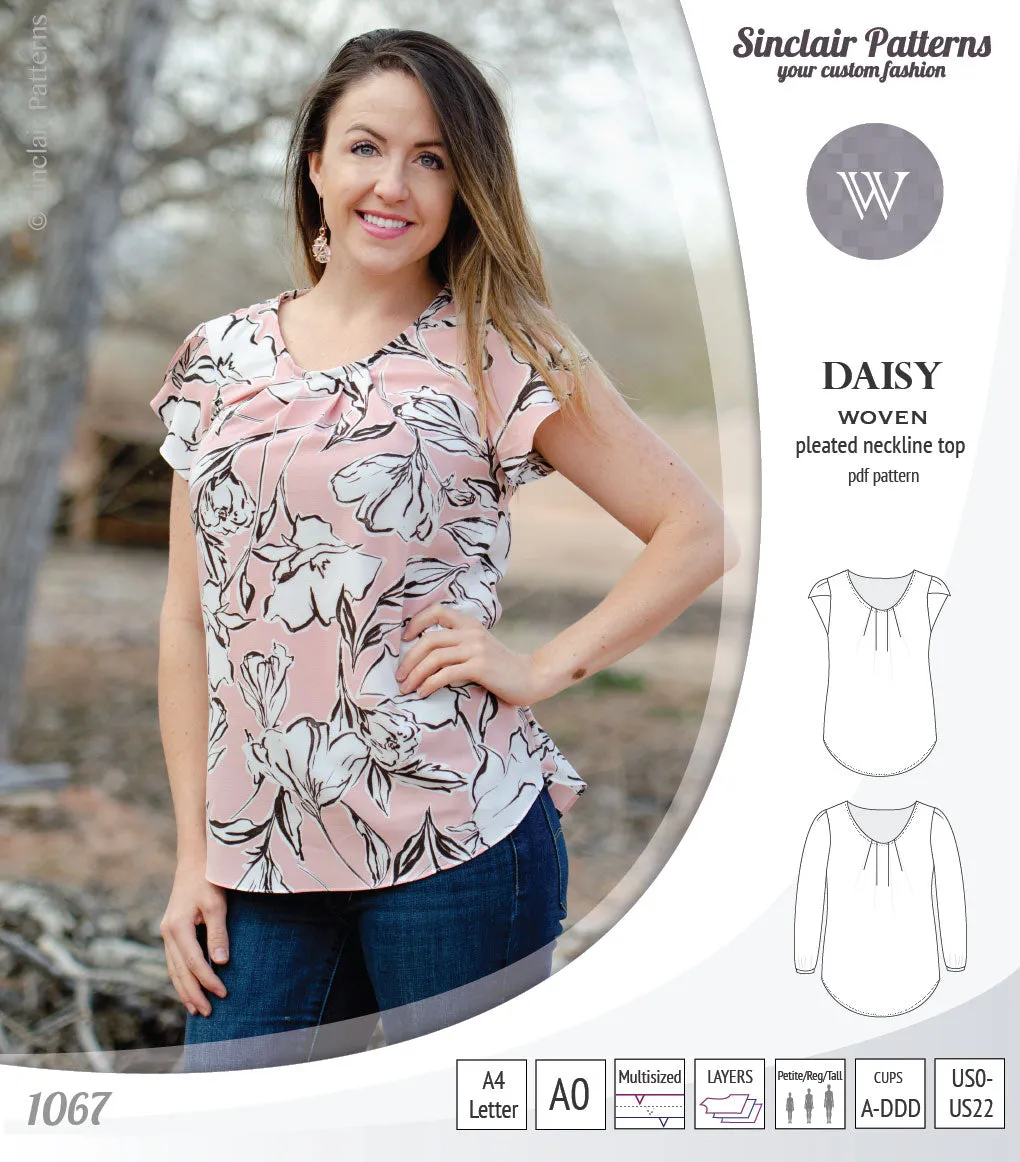 Daisy woven blouse with pleated neckline and petal/long sleeves (PDF)