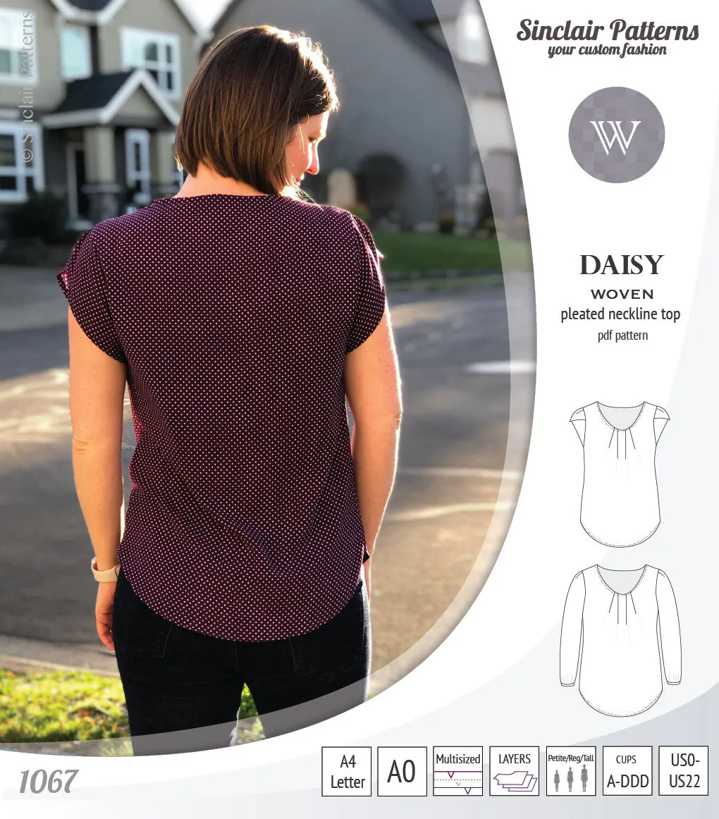 Daisy woven blouse with pleated neckline and petal/long sleeves (PDF)