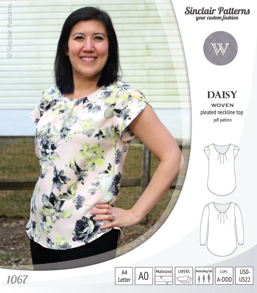 Daisy woven blouse with pleated neckline and petal/long sleeves (PDF)