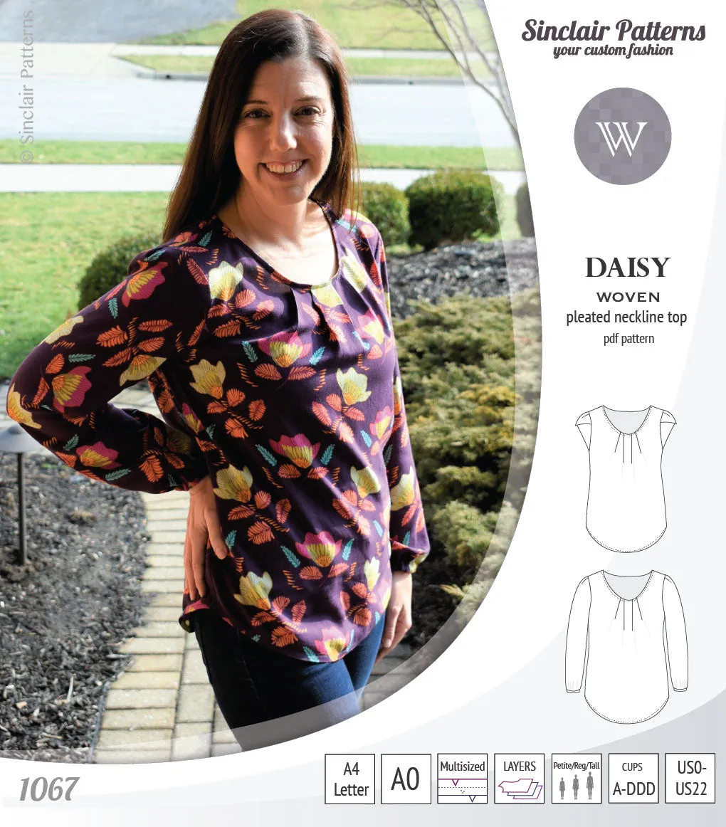 Daisy woven blouse with pleated neckline and petal/long sleeves (PDF)